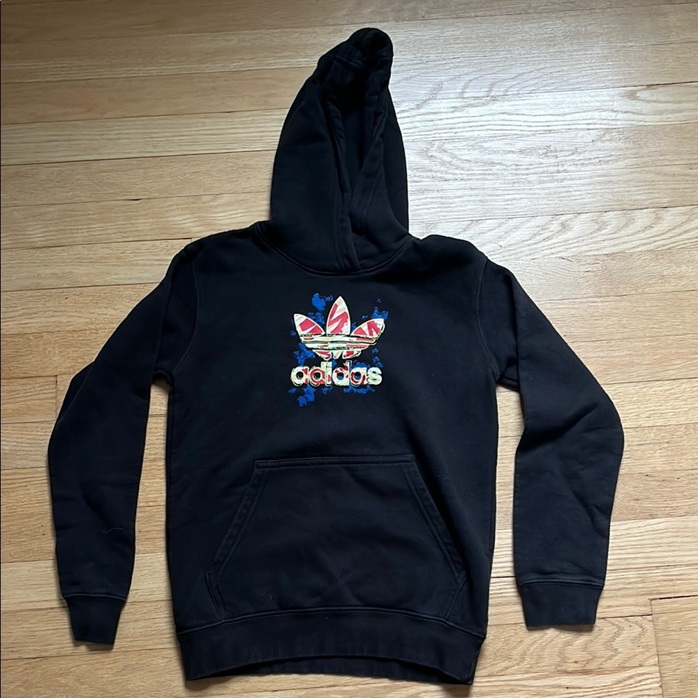 Boys Adidas Black Logo Hoodie Sweatshirt in Excellent Condition Back to School
